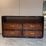 Italian Light Luxury Sideboard with High-Gloss Natural Wood Veneer Four Drawers Open Display Shelf and Gold Wing-Shaped Pulls